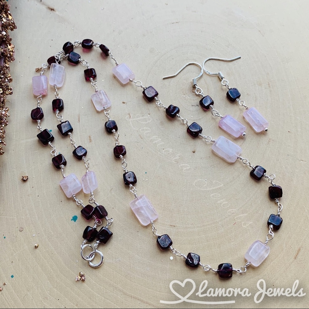Garnet, Rose Quartz Gemstone Sterling Necklace Set